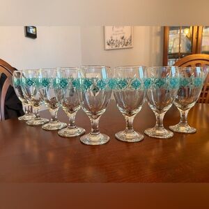 Vintage Libbey Footed Glass Goblets with Teal Flower Design Set of 8